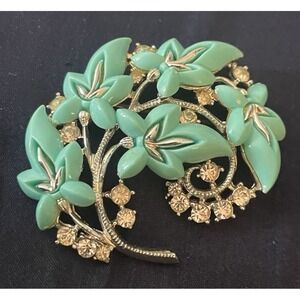 Vintage STAR Rhinestone Brooch Aqua Acrylic Leaves Pin Retro Jewelry
